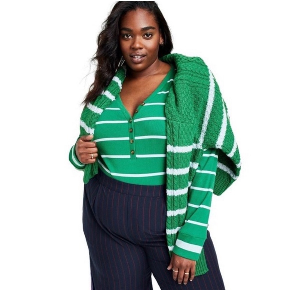 La Ligne x Target Green V-Neck Stripe Bodysuit